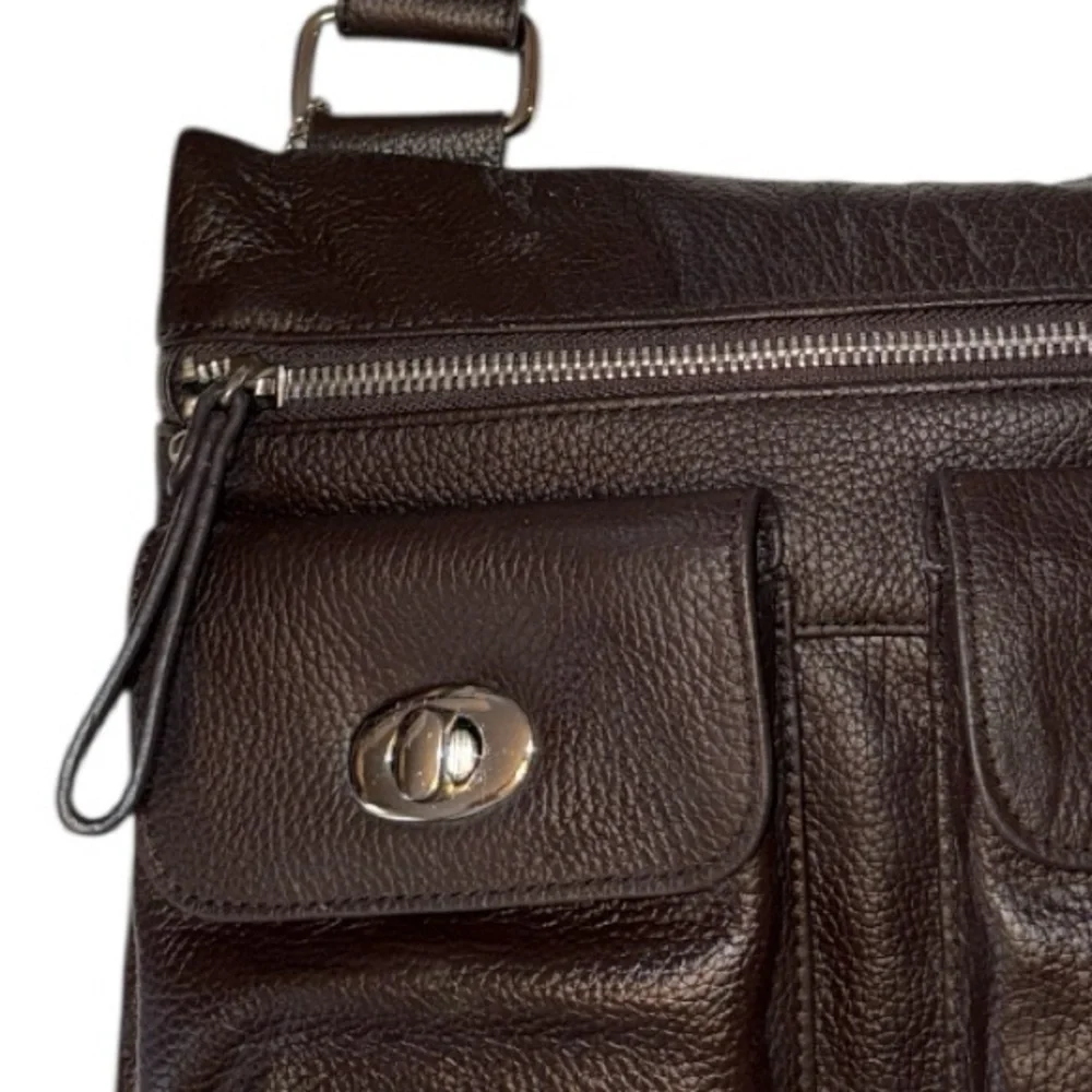Danier Dark Brown Pebbled Leather Crossbody Bag Adjustable Strap Multi Pocket